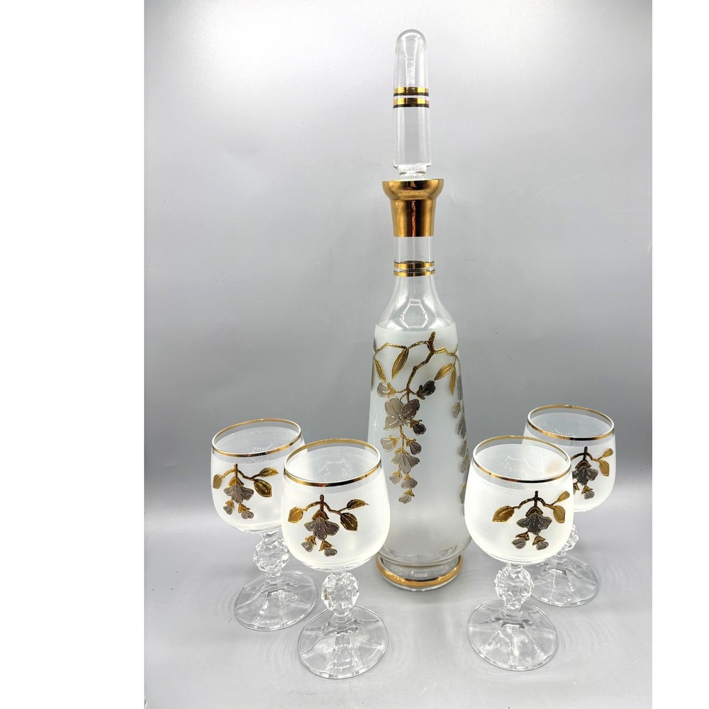 Vtg Bohemian Frosted Glass Decanter Set Gold Silver Floral 4 Cordial Glasses